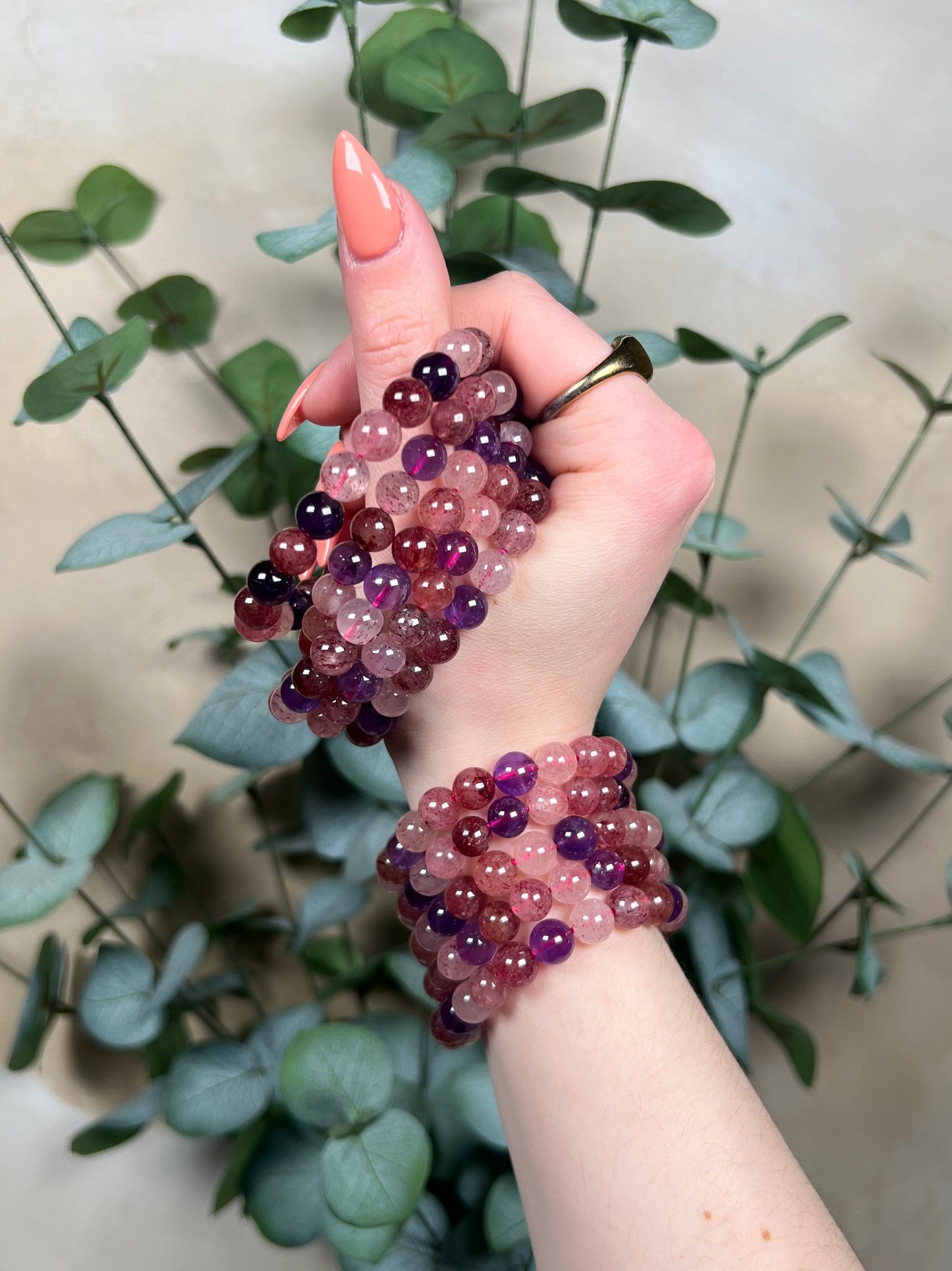 Lepidocrocite with Amethyst and Rose Quartz Bracelets