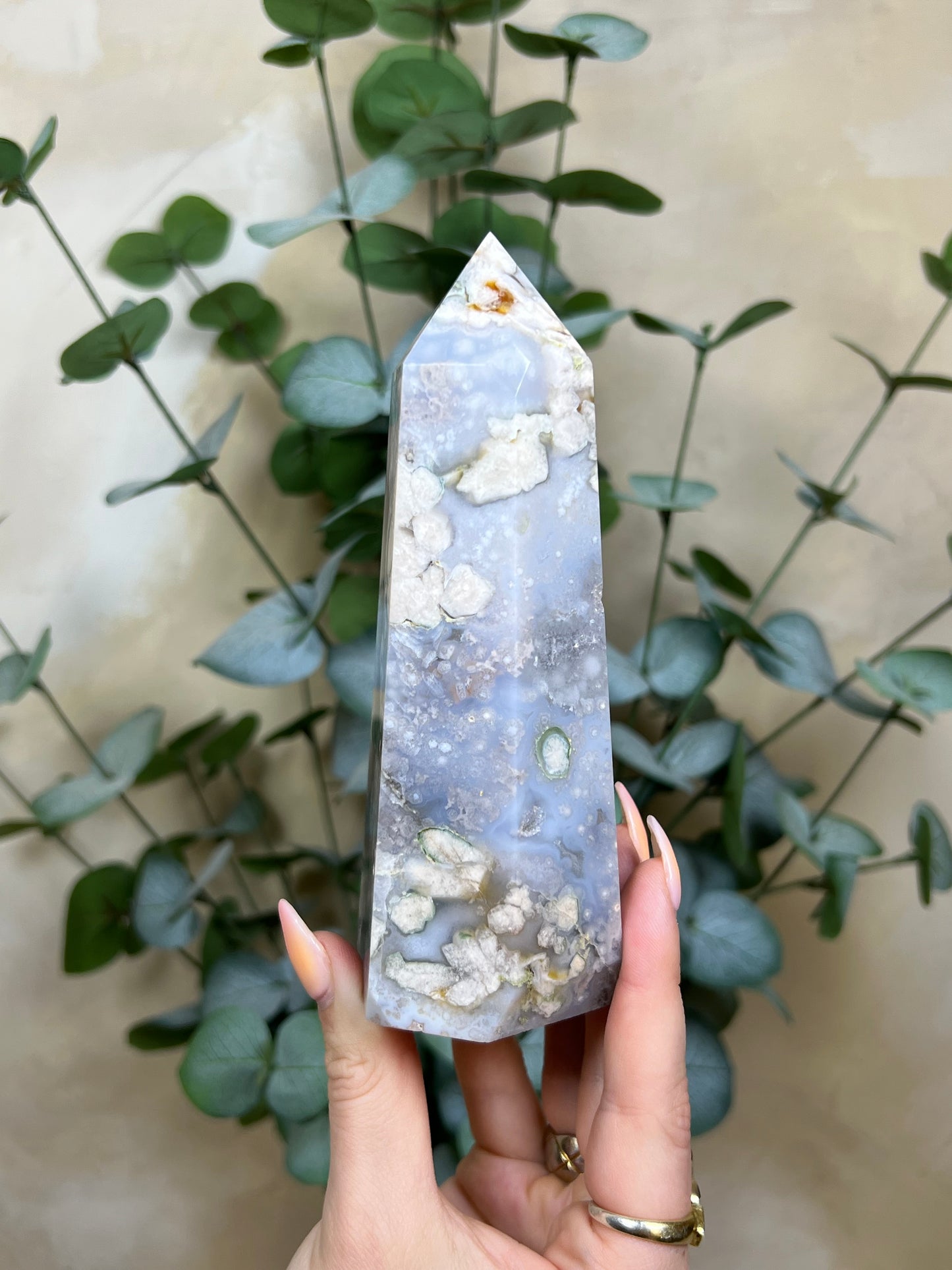 Flower Agate Tower, Baby Blue with Chlorite Quartz (168AA)