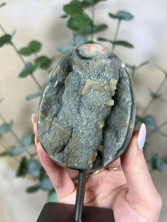 Gray Peach with Calcite Amethyst on Stand (67AA)