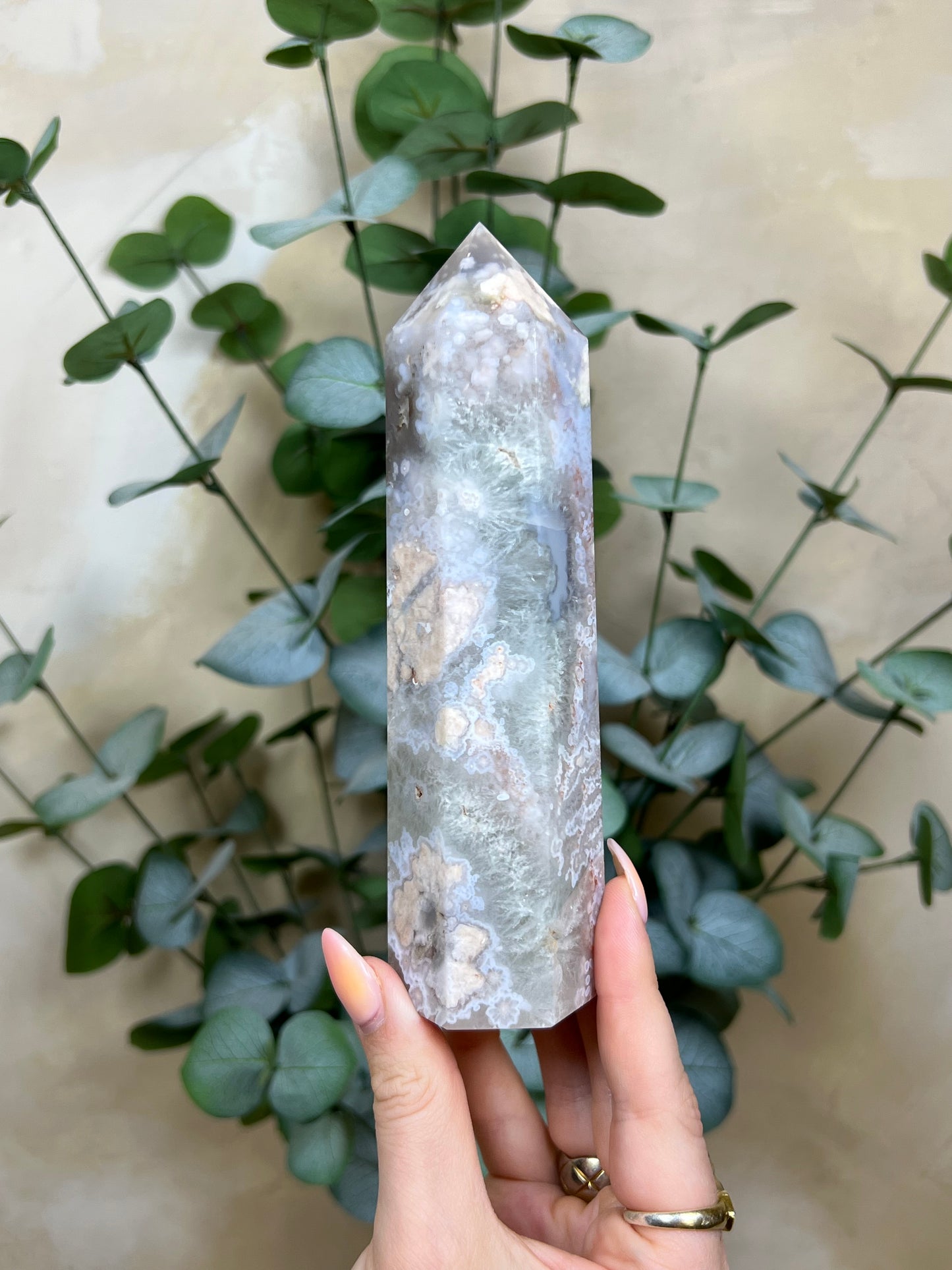 Flower Agate Tower, Baby Blue with Chlorite Quartz (178AA)