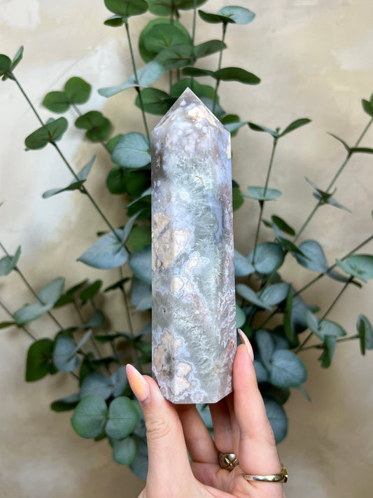 Flower Agate Tower, Baby Blue with Chlorite Quartz (178AA)