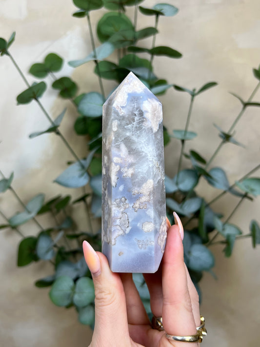 Flower Agate Tower, Baby Blue with Quartz (68AA)