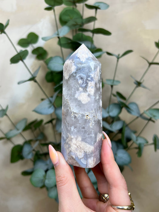 Flower Agate Tower, Baby Blue with Quartz (68AA)