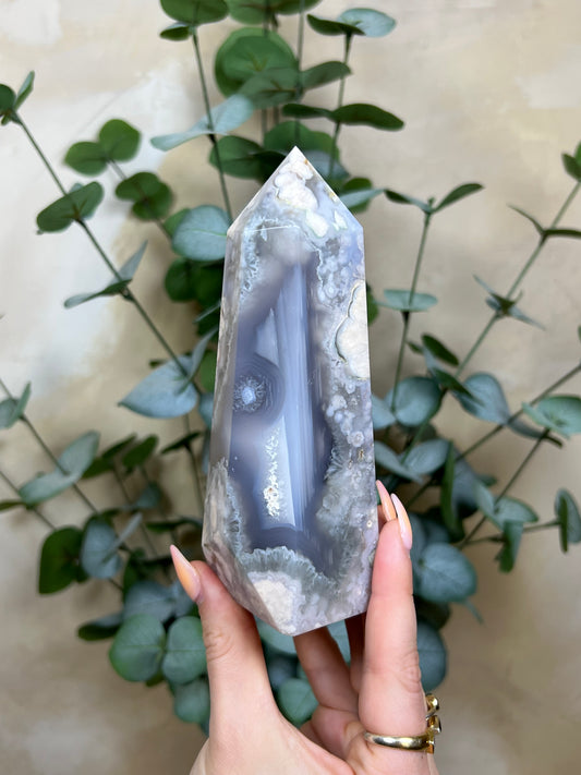 Flower Agate Tower, Baby Blue with Chlorite Quartz (168AA)