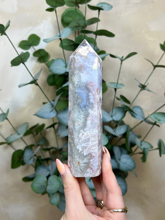 Flower Agate Tower, Baby Blue with Chlorite Quartz (178AA)