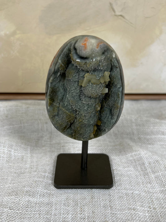 Gray Peach with Calcite Amethyst on Stand (67AA)